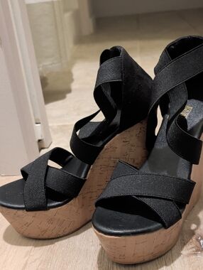 Black Cork Wedge Sandals with Crisscross Straps